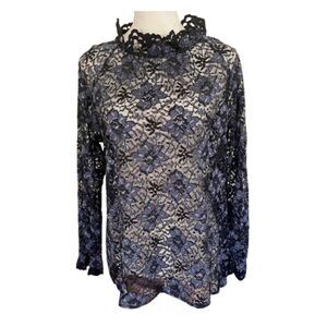 Cynthia Rowley Black/Blue Sheer Lace Blouse Large